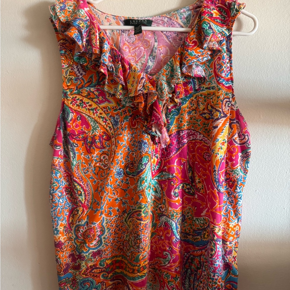 LAUREN Ralph Lauren Sleeveless Ruffle Paisley Top - Orange & Pink
